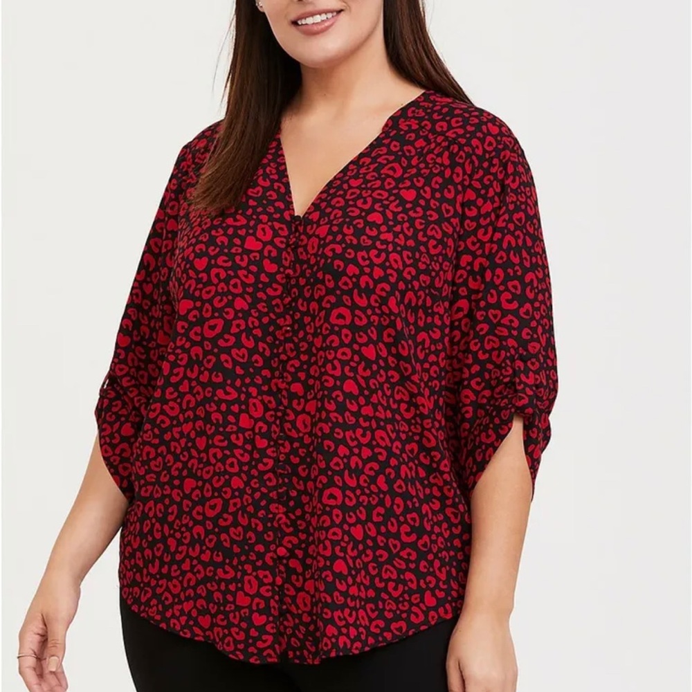 TORRID Red Leopard Harper Georgette Buttoned 3/4 Sleeve Blouse Women's Plus 3